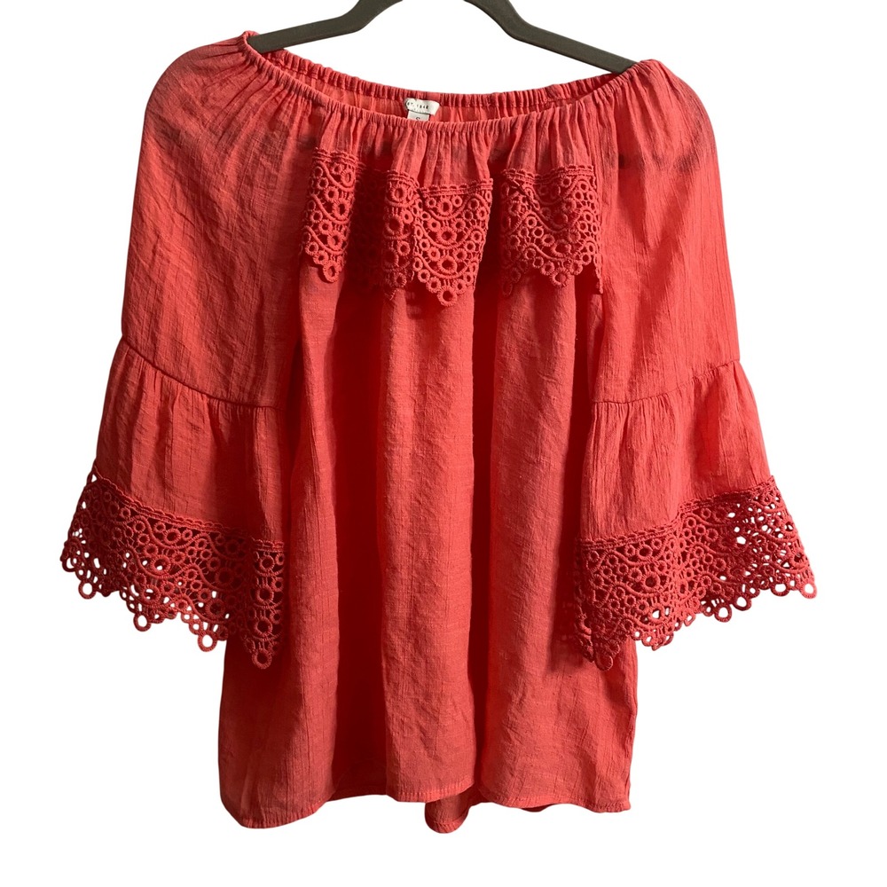 Est. 1946 Coral Crochet Lace On or Off The Shoulder Bell Sleeve Boho Top Small